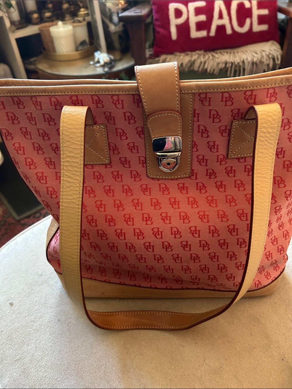 Dooney & Bourke Pink Monogram Canvas Tote with Tan Leather Trim